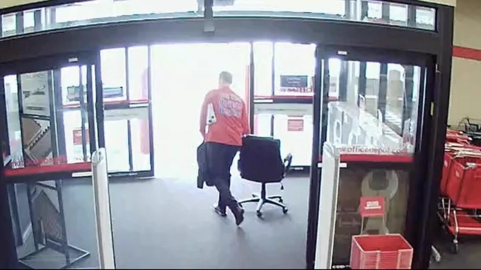 Security footage of Tim Eyman stealing a $70 office chair on February 13, 2019.