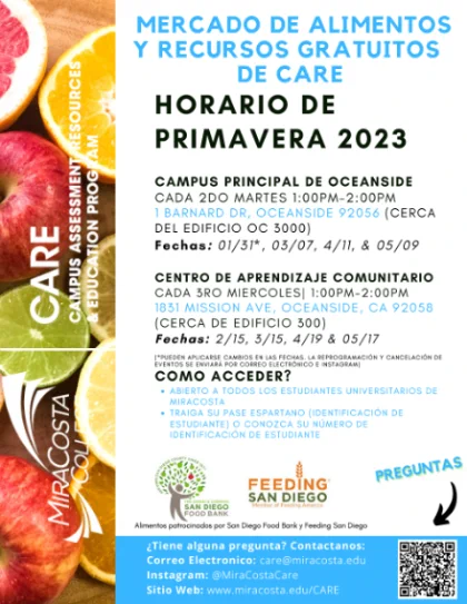 Fecha: 2/15, Tiempo: 1-2PM, Lugar: Centro de Aprendizaje Comunitario (Cerca de edificio 300): CARE Free Food & Resources Market |  Mercado de Alimentos y Recursos Gratuitos de CARE 