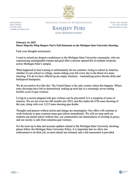 Whip Puri's statement on the MSU shooting