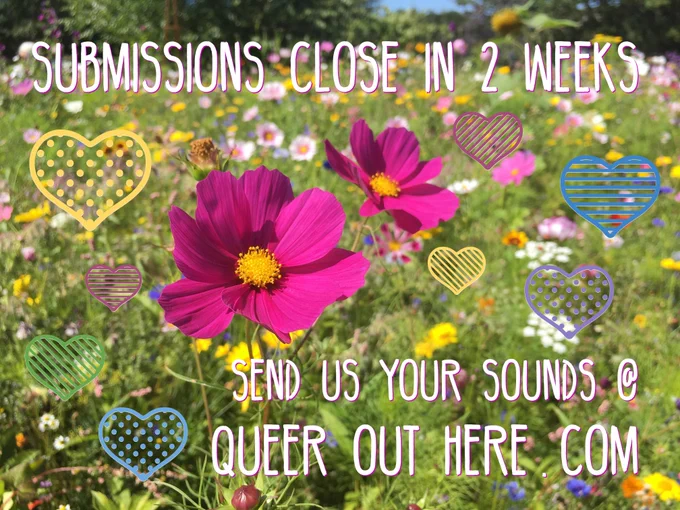 a field of brightly coloured, summery, cottage garden flowers with hearts and text over it. text reads: submissions close in 2 weeks, send us your sounds @ queer out here .com