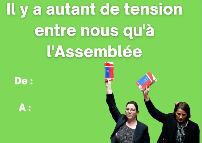 Carte de la saint Valentin avec un fond vert et une photo de députés avec le règlement de l’assemblée en main 

« Il y a autant de tension entre nous qu’à l’assemblée »
« De :
A: »