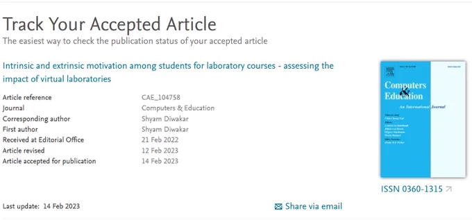 Accepted: "Intrinsic and extrinsic #motivation among students for #laboratory courses - assessing the impact of #VirtualLaboratories" This @Elsevier Computers & Education journal (IF 13.709) #paper was co-authored with @vyshukanikolil, @saneeshpf & @KrishnashreeA. @EduMinOfIndia 
