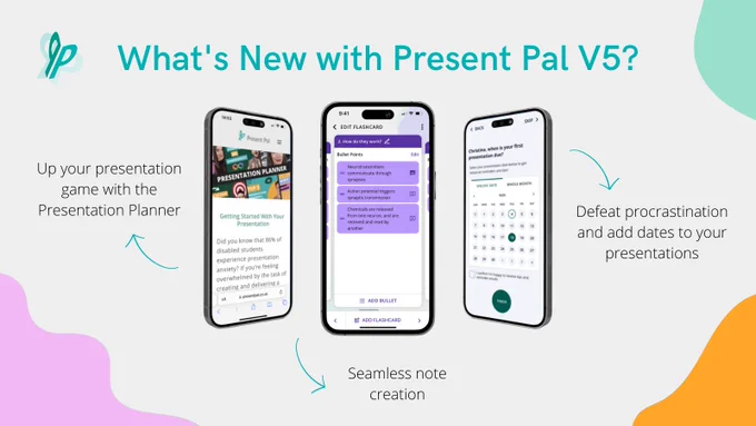 What's new with Present Pal V5? 3 smartphones side by side with arrows coming off each. Up your presentation game with the presentation planner. Seamless note creation. Defeat procrastination and add dates to your presentations.