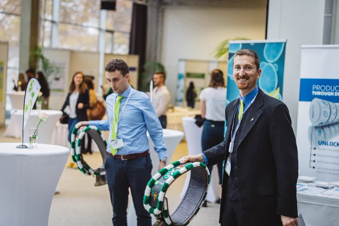 Ringing in a new era for #biotechnology: Psychology and fundamentals good. ACIB Director Business Development & Fundraising, Martin Trinker, and colleague, ringing in the bells to open the sessions after the breaks at #ESIB2022 #Conference . Photo: ESIB/Martin Benedikt (c).