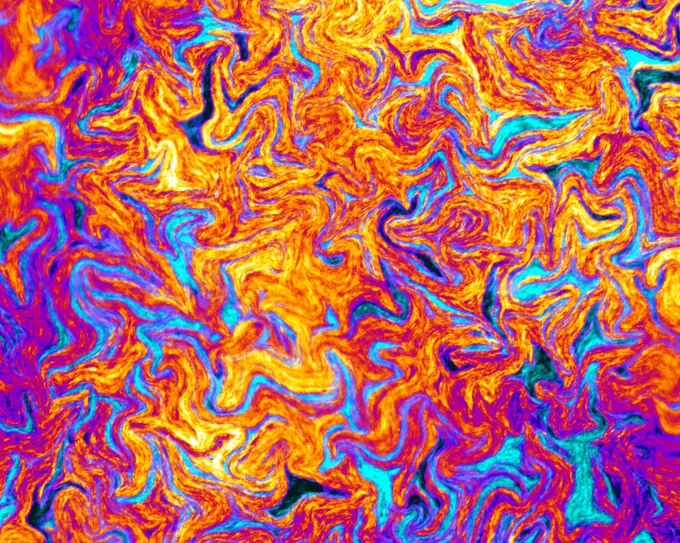 A microscope image of merging lawns of E. coli shown in false colour. Marbled mutlicoloured patterns of cells swirl around each other in cyan, pink, yellow, and orange.