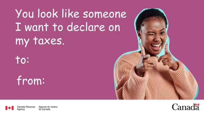 A smiling person winks and points finger guns at the camera. The text reads: “You look like someone I want to declare on my taxes”. 
