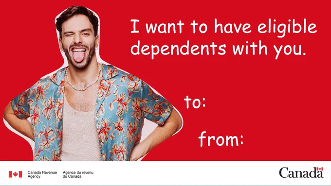 A person wearing a Hawaiian shirt sticks their tongue out and winks at the camera. The text reads “I want to have eligible dependents with you”.