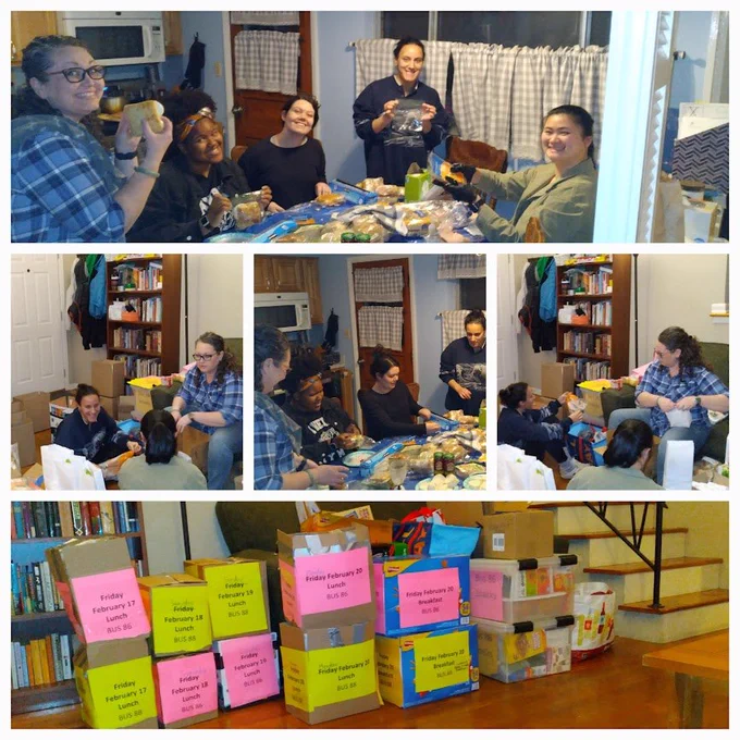 Photos of students and faculty making sandwiches at a kitchen table and in a living room. The bottom photo shows boxes full of sandwiches with bright pink and green labels on them.