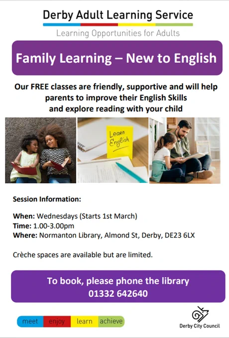 Flier showing images of children and adults looking at books together, title text in white and black on purple background. 