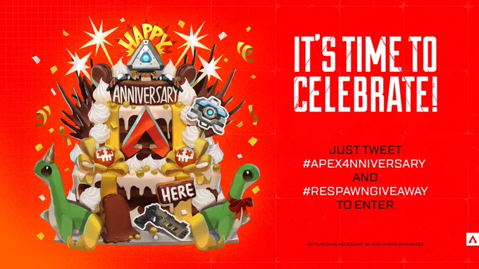 Graphics on red background

Tiered cake graphic with "Happy Anniversary!" at the top, surrounded by sparklers. An Apex sigil, D.O.C drone, two Nessies and a Mozambique decorate the rest of the cake.

Text: It's Time To Celebrate! Just tweet #Apex4nniversary and #RespawnGiveaway to enter

No purchase necessary, 18  void where prohibited 