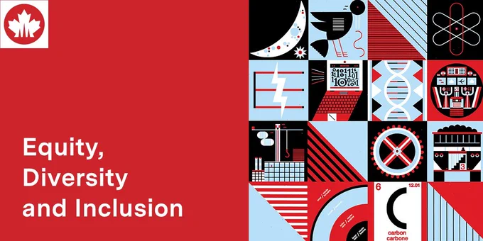 IMAGE: Rectangle divided into two squares. Left half has red background with white title: "Equity, Diversity and Inclusion", along with a small square NSERC maple leaf logo in white at the top left. The right side square is subdivided into 16 little squares showing an alternating scheme of colours and patterns, like a quilt, in tones of red, light blue, black and white.  This makes a mozaïc of many elements representing the various aspects of science and engineering.