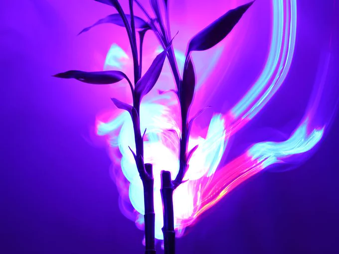 Two stems with leaves are in front of a brightly colored purple background with light blue streaks.