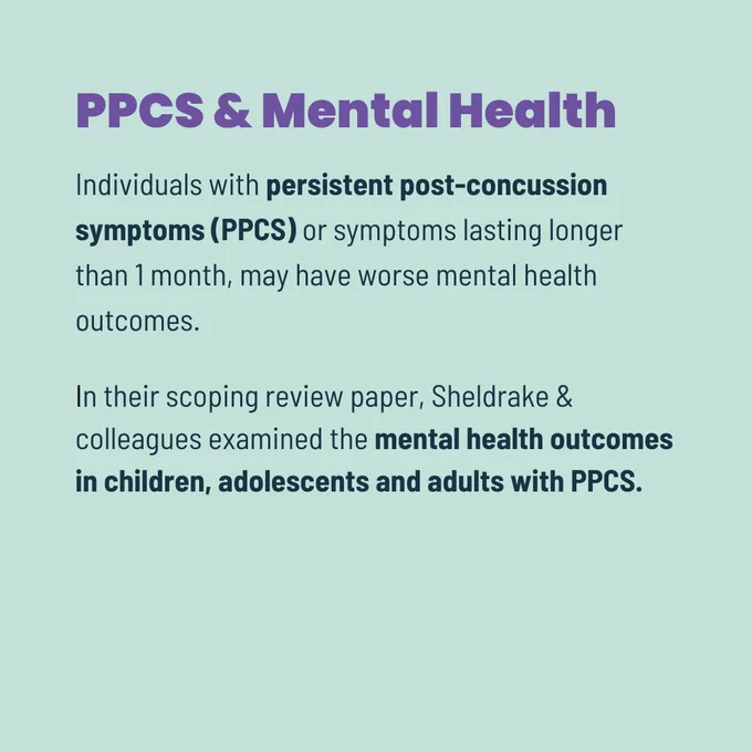 Against the spring green background, bolded text states "PPCS & Mental Health" and the following text in navy blue describes information about PPCS and the study's objectives: "Individuals with persistent post-concussion symptoms (PPCS) or symptoms lasting longer than 1 month, may have worse mental health outcomes. In their scoping review paper, Sheldrake & colleagues examined the mental health outcomes in children, adolescents and adults with PPCS."