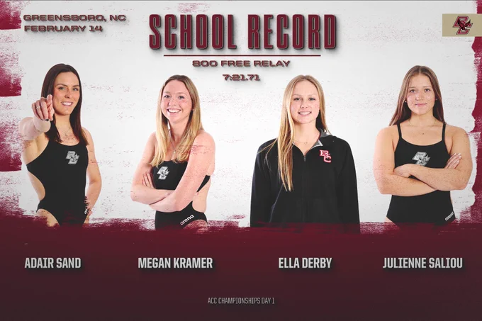 School record graphic featuring Adair Sand, Megan Kramer, Ella Derby, and Julienne Saliou