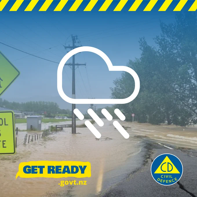 Image of a flooded road with an icon of a raincloud and the CD logo and the Get Ready logo.