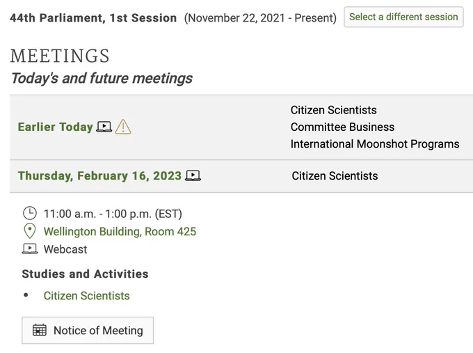 Screenshot of the meeting details: Thursday, February 16, 2023, 11:00 am - 1:00 pm, Wellington Building, Room 425
