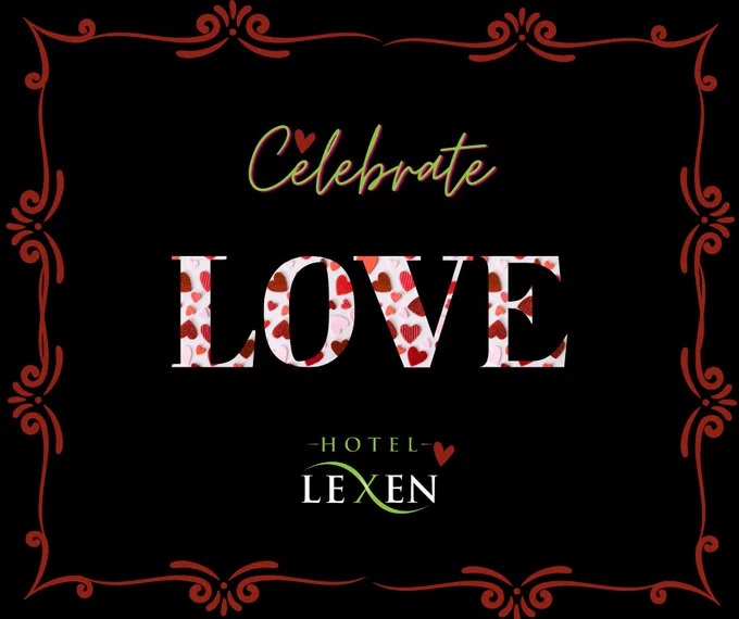 Text: Celebrate LOVE (lettering filled with heart petals), Lexen Hotel North Hollywood logo.