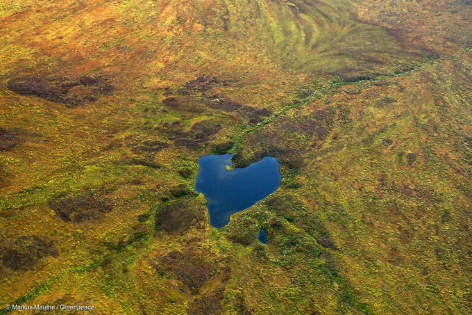 Heart-shaped lake in tundra