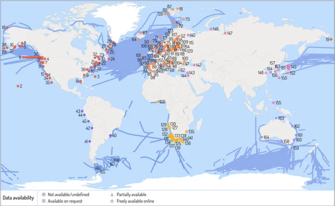 Map of long-term monitoring programs for zooplankton in the global ocean. Blue lines indicate Continuous Plankton Recorder (CPR) surveys and symbols indicate sites of specific long-term monitoring programs. Stars = freely available data; squares = data available on request; triangles = partially available; circles = data either not available or unclear (graphic by Stacey McCormack, Visual Knowledge)