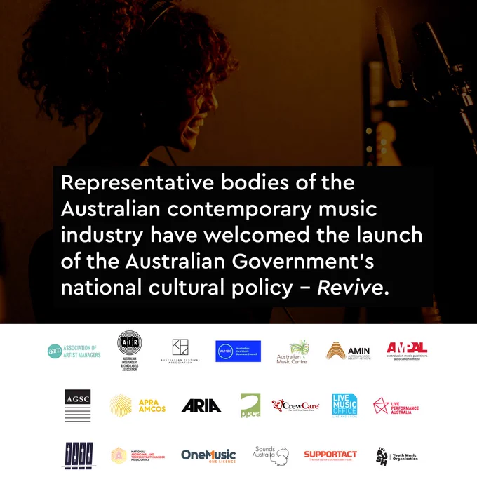 Logo tile with Association of Artist Managers, Australian Festival Association, Australian Guild of Screen Composers, AIR (Australian Independent Record Labels Association), Australian Live Music Business Council, Australian Music Centre, Australian Music Industry Network, Australasian Music Publishers Association, APRA AMCOS, (ARIA) Australian Recording Industry Association, PPCA, Crew Care, Live Music Office, Live Performance Australia, Music Producer and Engineers' Guild, National Aboriginal & Torres Strait Islander Music Office, OneMusic Australia, Sounds Australia, Support Act, The Push Inc.