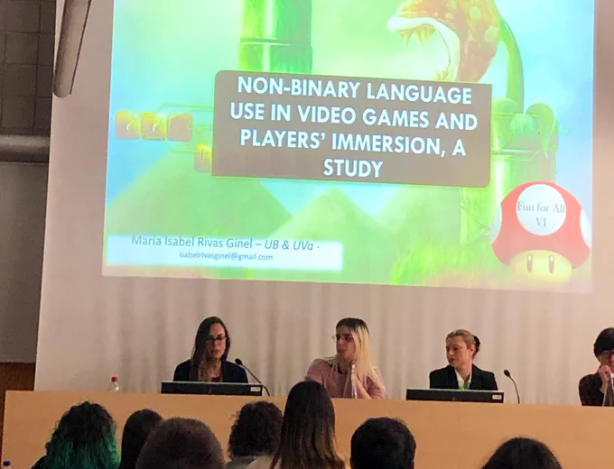 Presentation by María Isabel Rivas Ginel under the title "Non-binary language use in video games and players’ immersion, a study". Slide shows the title of her presentation.