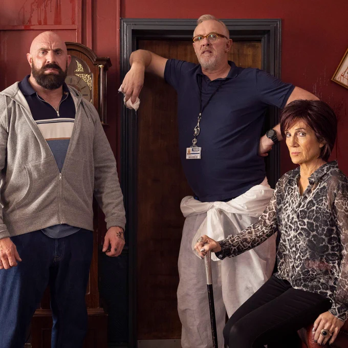 Cuddle (CHARLIE RAWES), Paul 'Wicky' Wickstead (GREG DAVIES) and Lisa (HARRIET WALTER).