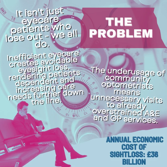 The Problem: It isn't just eyecare patients who lose out - we all do. Inefficient eyecare creates avoidable eyesight loss, rendering patients dependent and increasing care needs further down the line. The underusage of community optometrists means unnecessary visits to already overstrained A&E and GP services. Annual economic cost of sightloss: £36 billion.