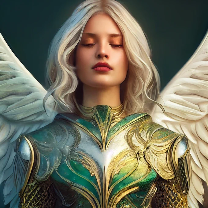 A white, blonde woman in green and gold armour with white wings