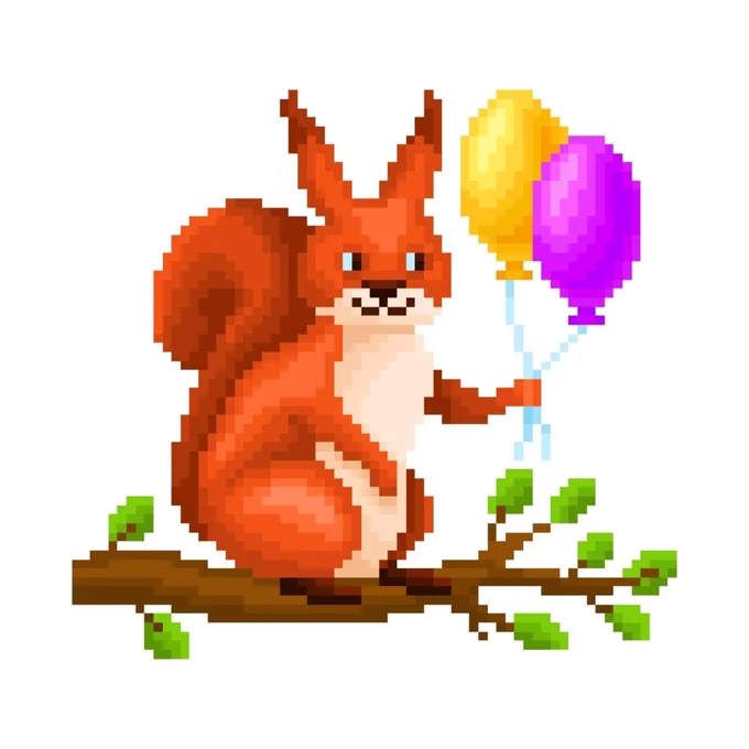 Pixel art of a squirrel on a branch, holding two balloons