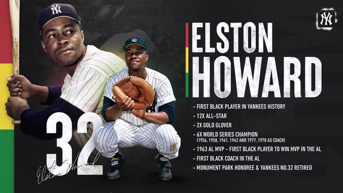 Elston Howard:
- First Black player in Yankees History
- 12x All-Star 
- 2x Gold Glover
- 6x World Series Champion (1956, 1958, 1961, 1962 and 1977, 1978 as coach)
- 1963 AL MVP - First Black player to win MVP in the AL
- First Black coach in the AL 
- Monument Park Honoree & Yankees No.32 Retired
