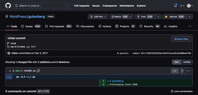 Screenshot of the WordPress/gutenberg repository on GitHub showing the Initial commit from @matias_ventura on Feb 3, 2017 that added a README.md file with the sub-head of "Prototyping since 1440".