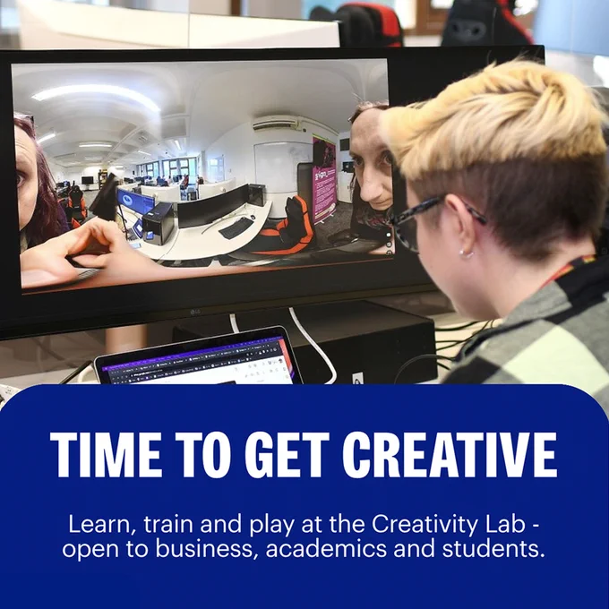 A person works in front of a screen displaying a 360-degree image. Text reads: Time to get creative. Learn, train and play at the Creativity Lab - open to business, academics and students. 