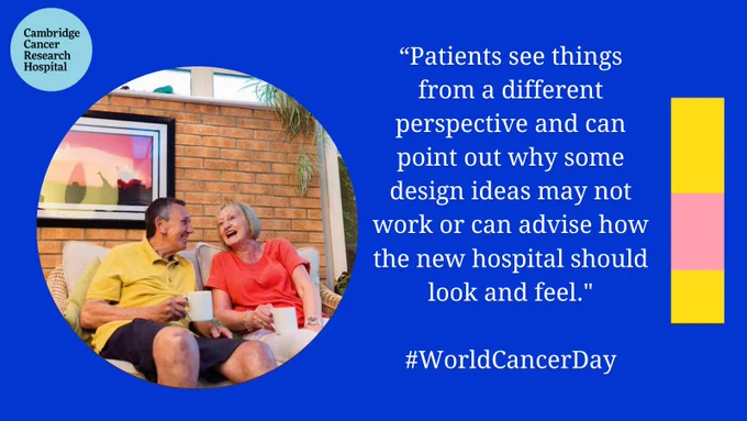 Two people sitting on a sofa, laughing and holding mugs. "Patients see things from a different perspective and can point out why some design ideas may not work or can advise how the new hospital should look and feel."