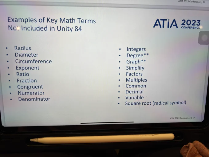 Slide showing listed examples of Key Math terms not included in Unity 84.