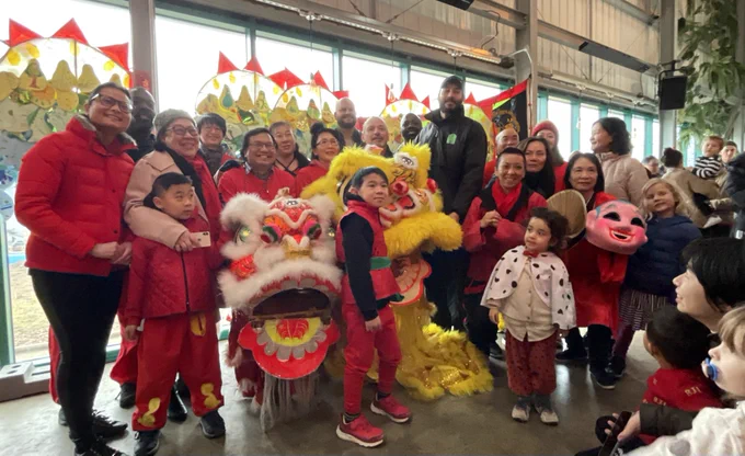 The Mayor of Hackney and Cllr Kennedy with some of the performers and children at the Lunar New Year celebrations in Hackney Bridge.