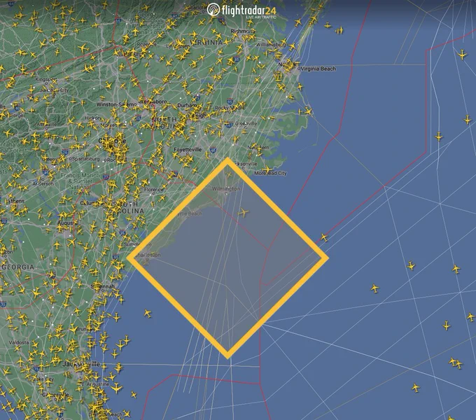 The area of prohibited airspace off the coast of South Carolina.