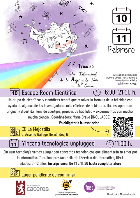 Cartel de actividades con motivo del 11 de febrero, Día de la Mujer y la Niña en la Ciencia. 10 de febrero Escape Room Científica y 11 de febrero Yincana tecnológica unplugged.