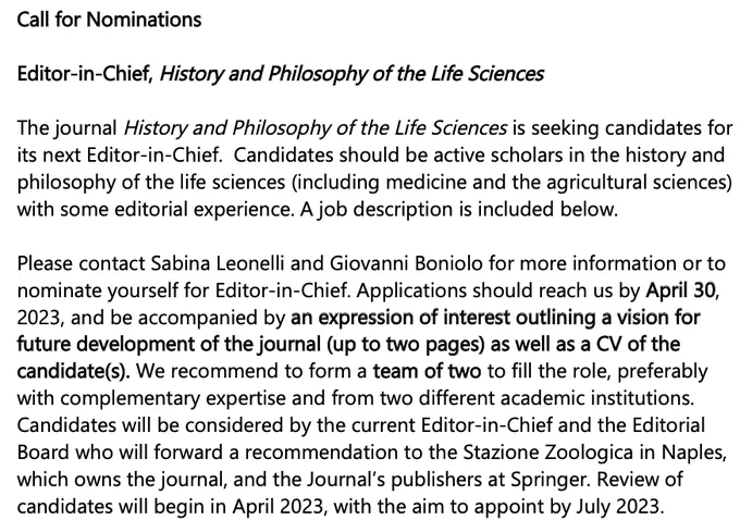 screenshot of nomination for History and Philosophy of the Life Sciences editor(s)-in-chief
