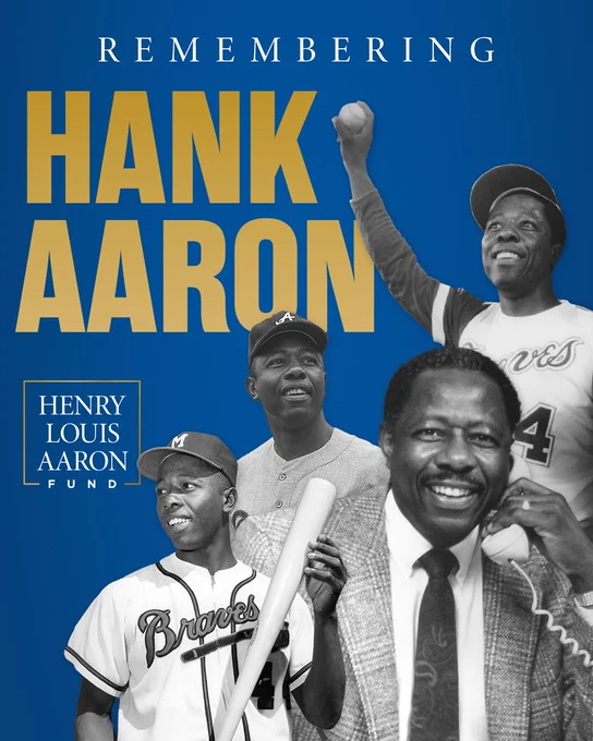 A photo collage featuring three pictures from various phases of Hank Aaron’s playing career with the Braves and one of him as an executive after his playing career.