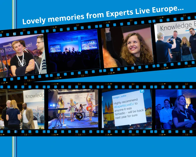 A photo collage with: conference impressions, live music girls band, people networking, duo presenting, Tweet text, attendees in session room.