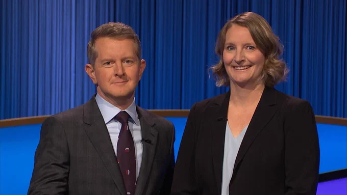 Tanya Parrott, librarian at The Nokesville School, pictured with Jeopardy! host Ken Jennings.