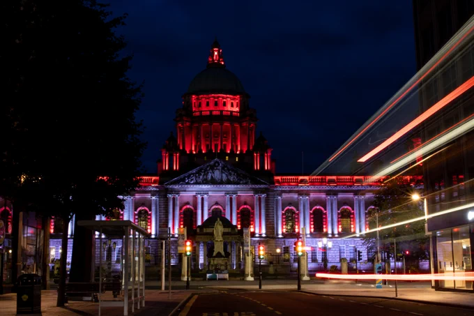 Belfast City Hall lit at night from Royal Avenue.
