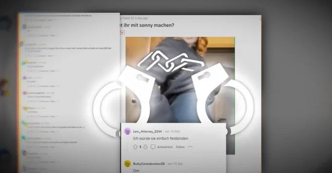 Bild von kommentaren in reddit "ich würde sie einfach festbinden" unter einem Bild von sonny die ihre leggings zeigt