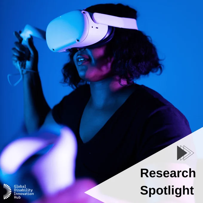 A coloured photograph of a woman using Virtual Reality Headset and Controllers. Graphic Text: Research Spotlight