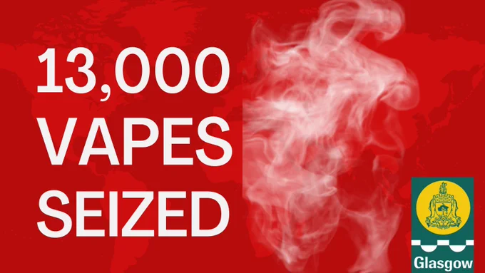 Image with puff of smoke and the Glasgow City Council logo which reads "13,000 Vapes Seized"