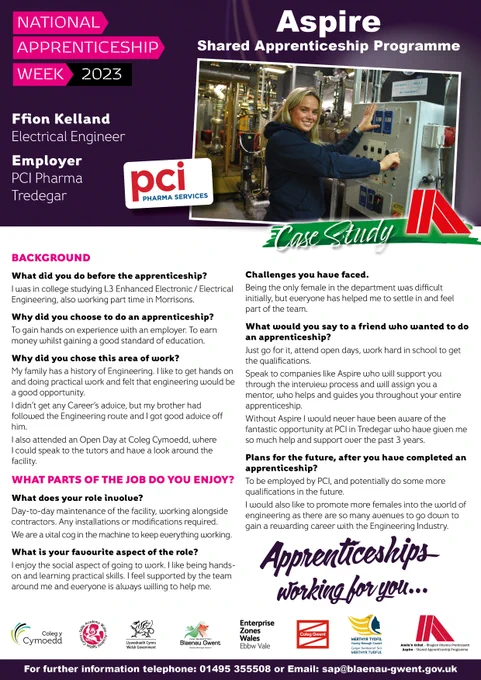 To celebrate National Apprentice Week 2023 find out about our apprentice Ffion Kelland, Electrical Engineer at PCI Pharma Services. Interested in the Aspire Blaenau Gwent Shared Apprenticeship Programme? call 01495 355508 for further info.