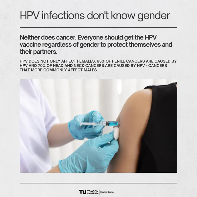 Grey background with a picture of someone receiving a vaccine. Text says, "HPV infections don't know gender...Neither does cancer. Everyone should get the HPV vaccine regardless of gender to protect themselves and their partners...HPV does not only affect females. 83% of penile cancers and 70% of head and neck cancers are caused by HPV - cancers that more commonly affect males.