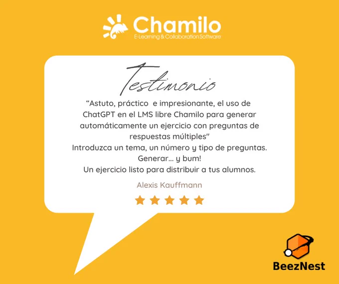 💬  "Astuto, práctico e impresionante, el uso de #ChatGPT en el #LMS libre #Chamilo para generar automáticamente un #ejercicio con preguntas de respuestas múltiples" . Introduzca un tema, un número y tipo de preguntas. Generar... y bum 💥  ! Un ejercicio listo para distribuir a tus alumnos. 👏 

Es un comentario de uno de los asistentes de #FOSDEM, organizado el pasado 4 y 5 de febrero de 2023 en Bruselas  #Bélgica, evento gratuito donde miles de desarrolladores de software libre y código abierto de todo el mundo se reunieron para compartir ideas y colaborar juntos. 

Chamilo #LMS es una plataforma #elearning de software libre #europeo iniciado en Bélgica, usado para la gestión del aprendizaje y enseñanza de capacitaciones presenciales, mixtas o  100% virtuales.

¿Quieres saber como funciona? No te pierdas el Webinar gratuito en Español, este 17 Febrero 2023