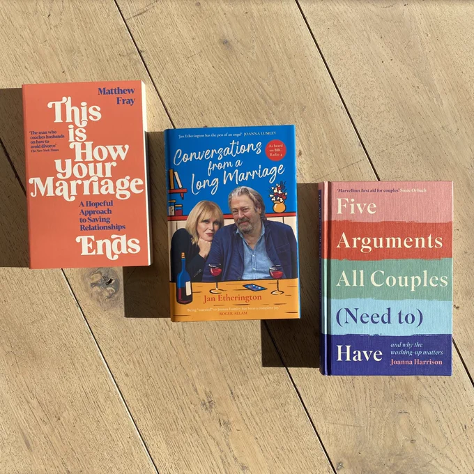 A photo of three books on a wooden background. The books are This is How Your Marriage Ends by Matthew Fray, Conversations from a Long Marriage by Jan Etherington and Five Arguments All Couples (Need To) Have by Joanna Harrison.