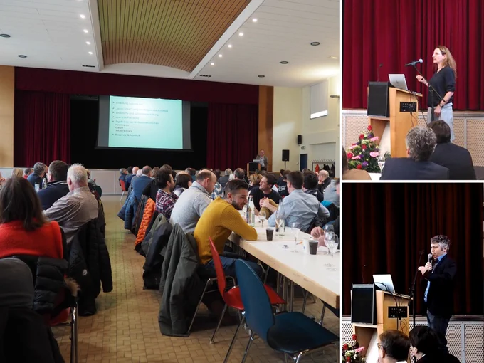 Collage of three photos, one showing a room full with event guests, one showing Miriam giving her presentation and one showing Daniel Molitor giving his presentation